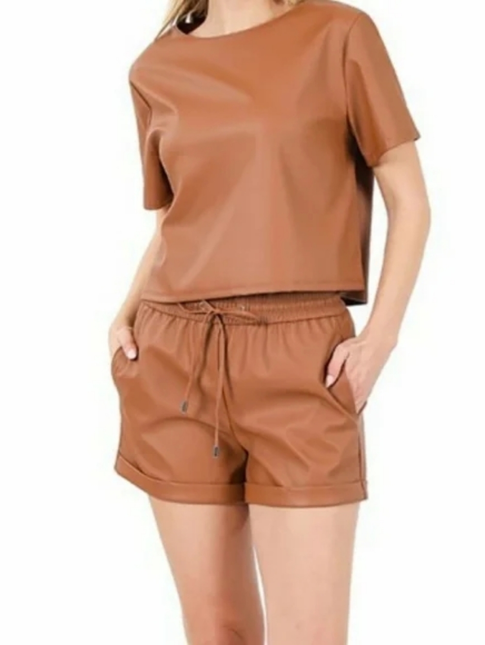 Zenana Faux Leather Lounge Set Brown Crop Top Shorts Set Women Medium - Picture 10 of 11